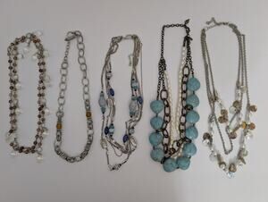 5 Necklaces Lot: Light Blue Veined Beads, Faux Pearl, Chunky Chain, Resale